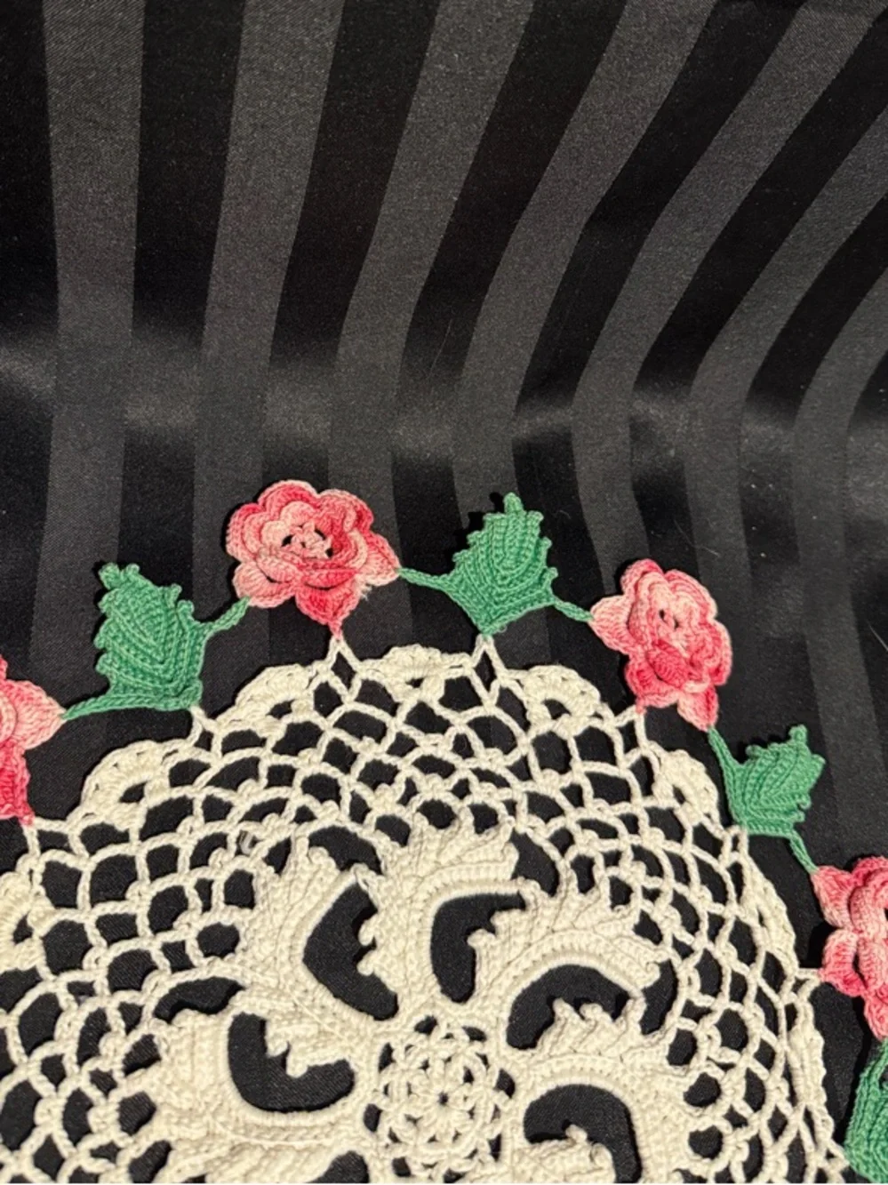 Handmade Irish Rose Crochet Doily with Multi-toned Pink Roses and Greenery
